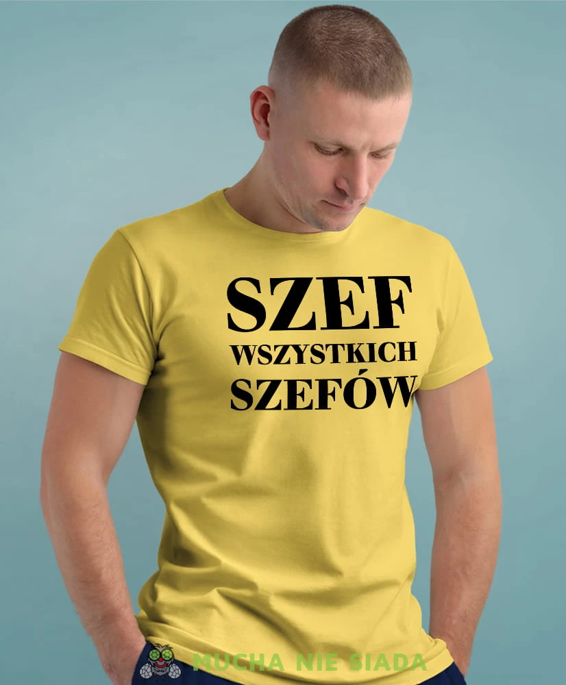 szef wszystkich szefów żółta męska koszulka z nadrukiem na co dzień, na prezent, fajna koszulka.jpg