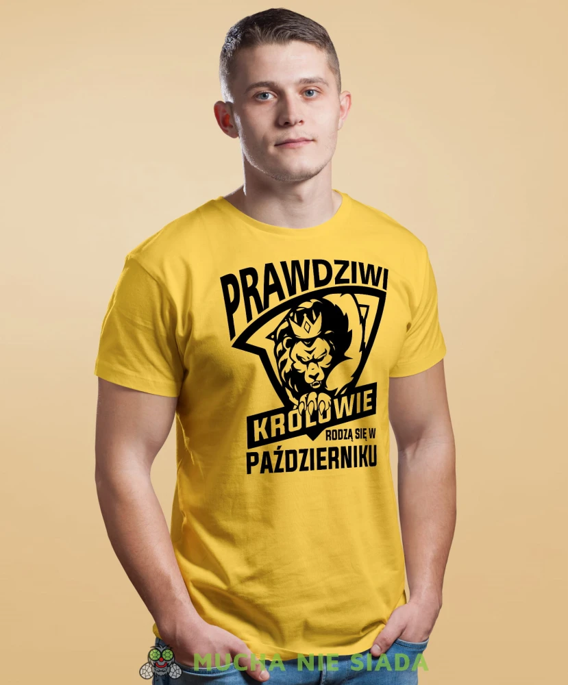 Prawdziwi królowie rodzą się w...  żółta koszulka urodzinowa Lew