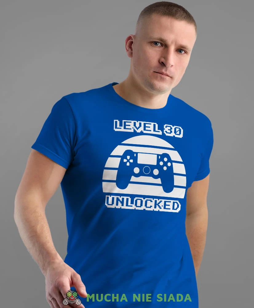 level unlocked, niebieska męska koszulka urodzinowa z nadrukiem na urodziny.jpg