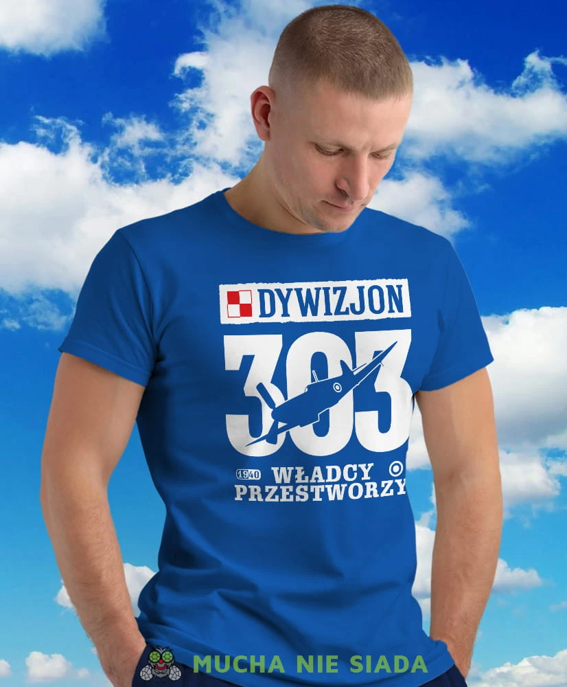 Dywizjon 303 Władcy Przestworzy, niebieska męska koszulka z nadrukiem, koszulka patriotyczna, koszulki z grafiką patriotyczną, dla mężczyzny, dla chłopaka na prezent, koszulka Polska, koszulki Polska.jpg