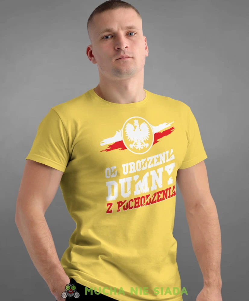 od urodzenia dumny  pochodzenia orzeł, żółta męska koszulka z nadrukiem, koszulka patriotyczna, koszulki z grafiką patriotyczną, dla mężczyzny, dla chłopaka na prezent, koszulka Polska, koszulki Polska.jpg