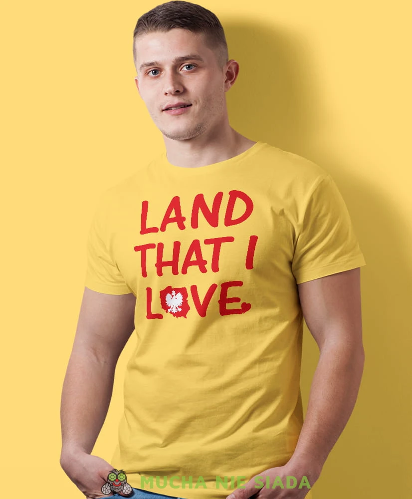 land that i love Poland, żółta męska koszulka z nadrukiem, koszulka patriotyczna, koszulki z grafiką patriotyczną, dla mężczyzny, dla chłopaka na prezent, koszulka Polska, koszulki Polska.jpg
