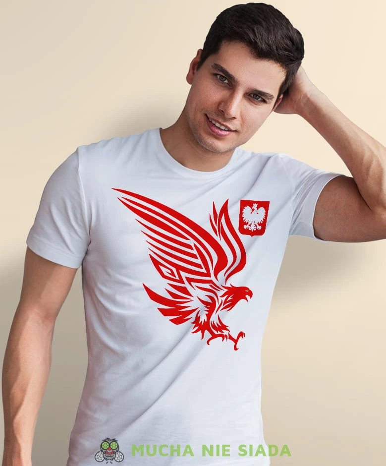 orzeł biało czerwony godło Polski, biała męska koszulka z nadrukiem, koszulka patriotyczna, koszulki z grafiką patriotyczną, dla mężczyzny, dla chłopaka na prezent, koszulka Polska, koszulki Polska.jpg