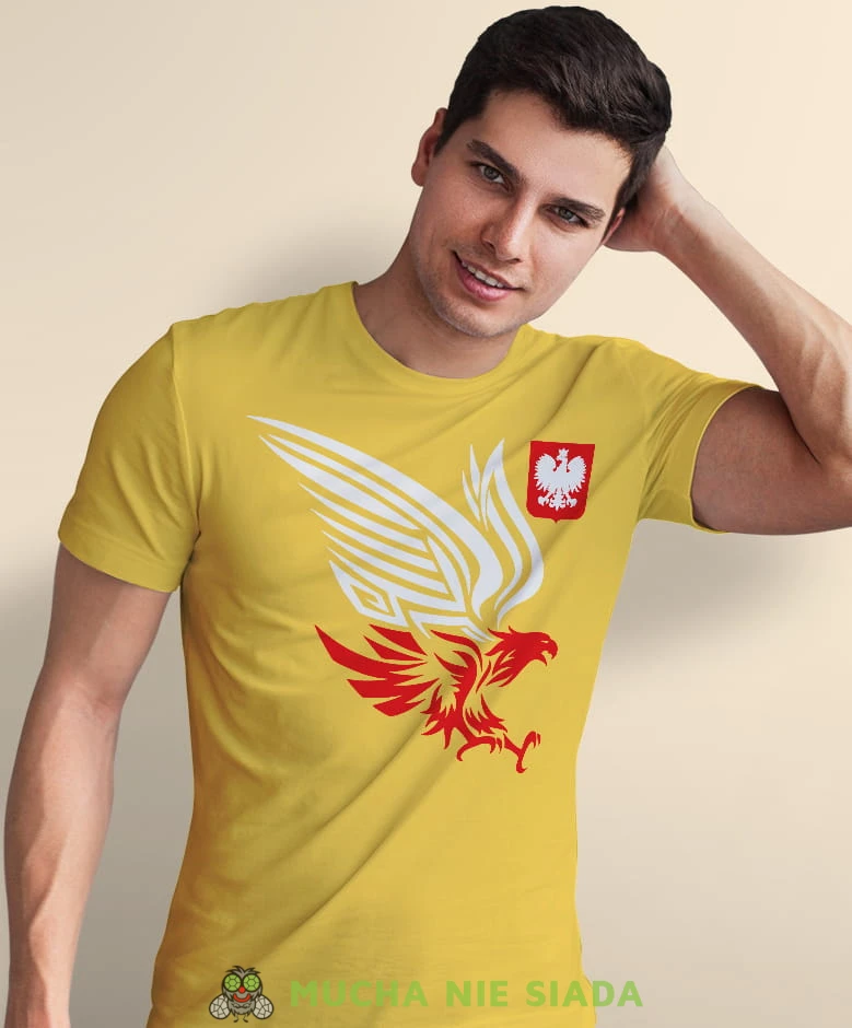 orzeł biało czerwony godło Polski, żółta męska koszulka z nadrukiem, koszulka patriotyczna, koszulki z grafiką patriotyczną, dla mężczyzny, dla chłopaka na prezent, koszulka Polska, koszulki Polska.jpg