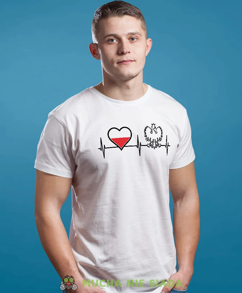 Heartbeats, Orzeł Polski, Polska, bicie serca, biała męska koszulka z nadrukiem, koszulka patriotyczna, koszulki z grafiką patriotyczną, dla mężczyzny, dla chłopaka na prezent, koszulka Polska, koszulki Polska.jpg