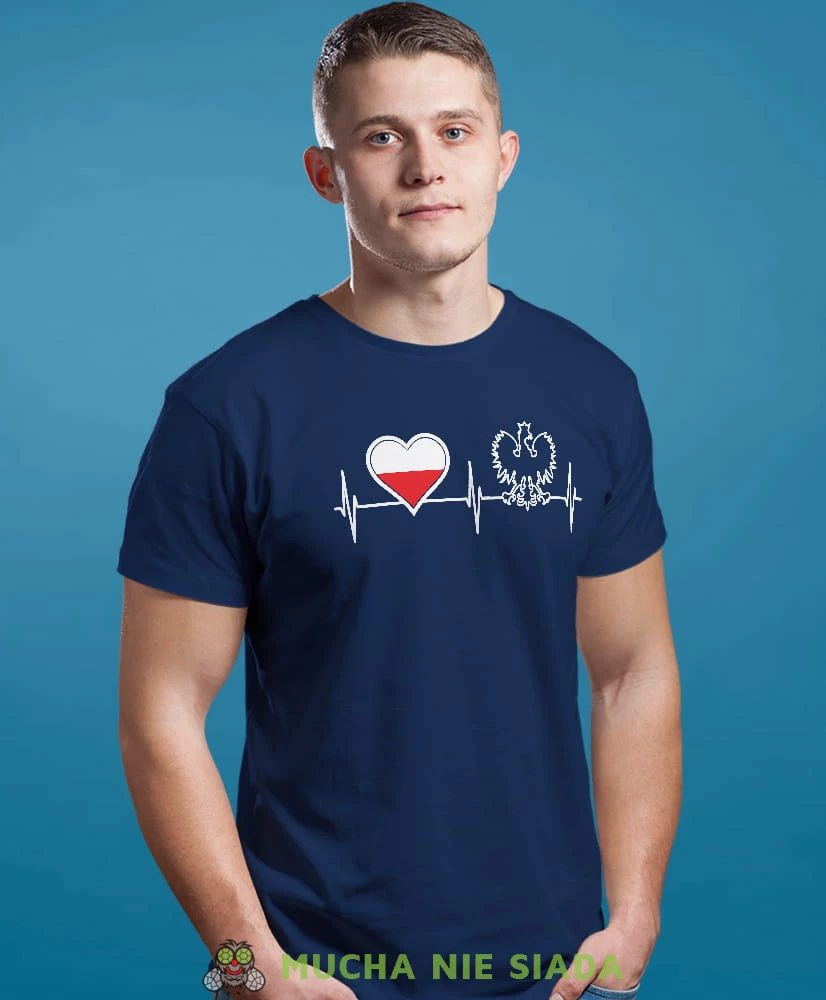 Heartbeats, Orzeł Polski, Polska, bicie serca, granatowa męska koszulka z nadrukiem, koszulka patriotyczna, koszulki z grafiką patriotyczną, dla mężczyzny, dla chłopaka na prezent, koszulka Polska, koszulki Polska.jpg