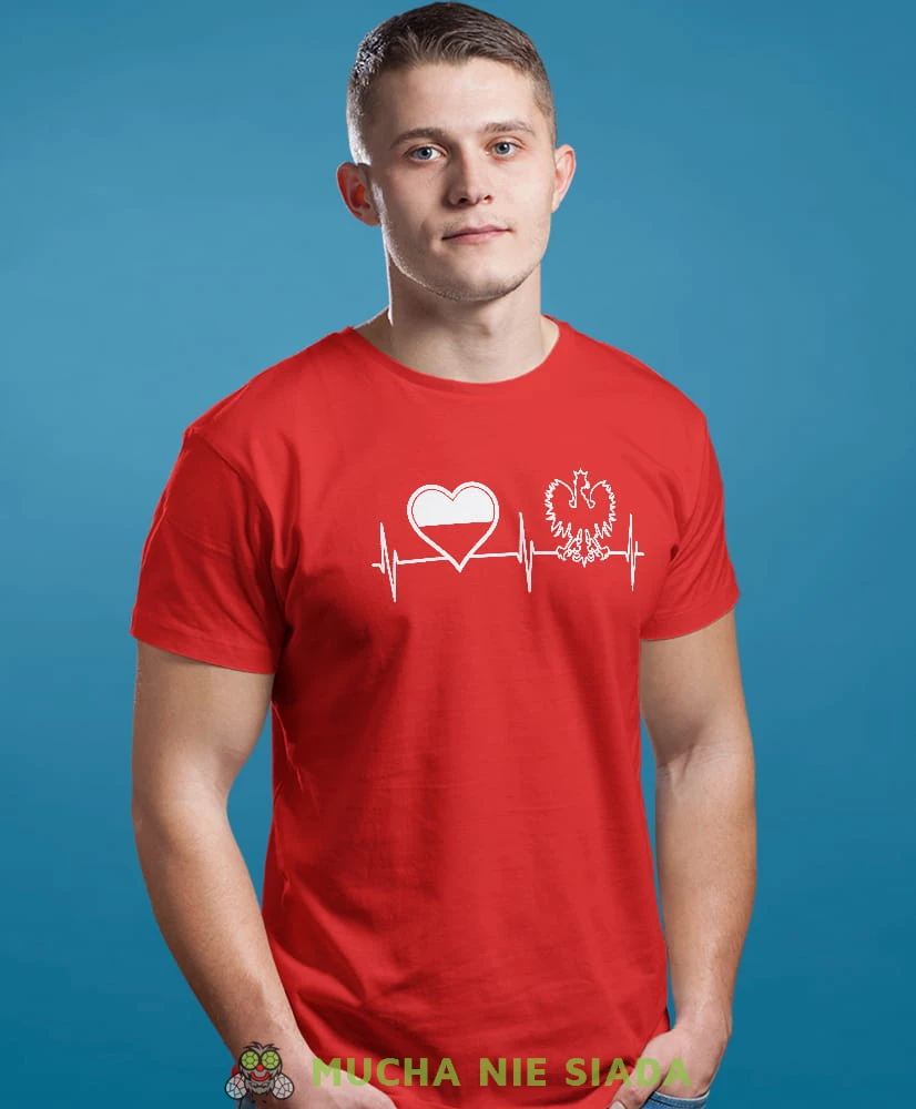 Heartbeats, Orzeł Polski, Polska, bicie serca, czerwona męska koszulka z nadrukiem, koszulka patriotyczna, koszulki z grafiką patriotyczną, dla mężczyzny, dla chłopaka na prezent, koszulka Polska, koszulki Polska.jpg