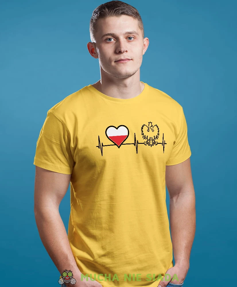 Heartbeats, Orzeł Polski, Polska, bicie serca, żółta męska koszulka z nadrukiem, koszulka patriotyczna, koszulki z grafiką patriotyczną, dla mężczyzny, dla chłopaka na prezent, koszulka Polska, koszulki Polska.jpg