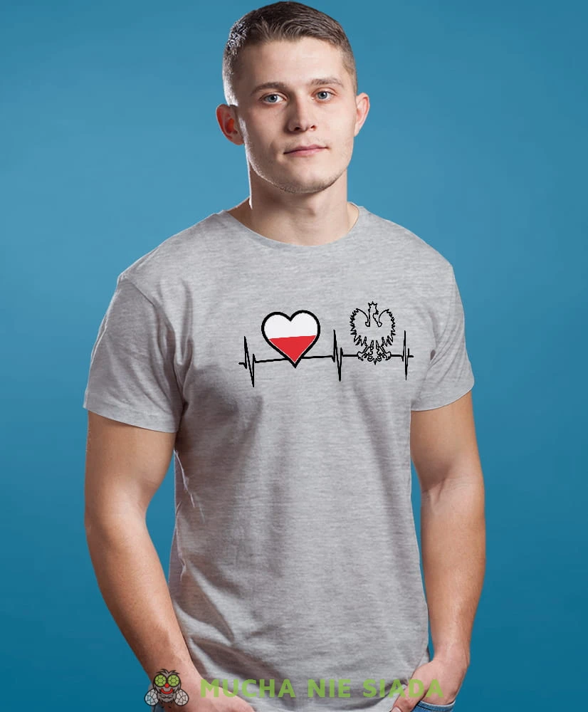 Heartbeats, Orzeł Polski, Polska, bicie serca, szara męska koszulka z nadrukiem, koszulka patriotyczna, koszulki z grafiką patriotyczną, dla mężczyzny, dla chłopaka na prezent, koszulka Polska, koszulki Polska.jpg