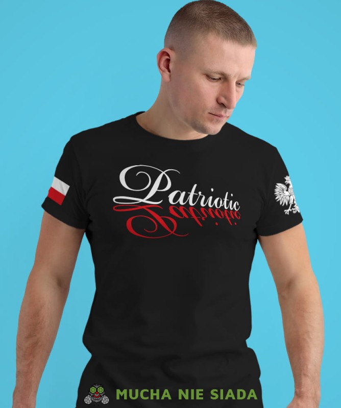 patriotic Orzeł Polski flaga biało czerwona,  czarna męska koszulka z nadrukiem, koszulka patriotyczna, koszulki z grafiką patriotyczną, dla mężczyzny, dla chłopaka na prezent, koszulka Polska, koszulki Polska.jpg