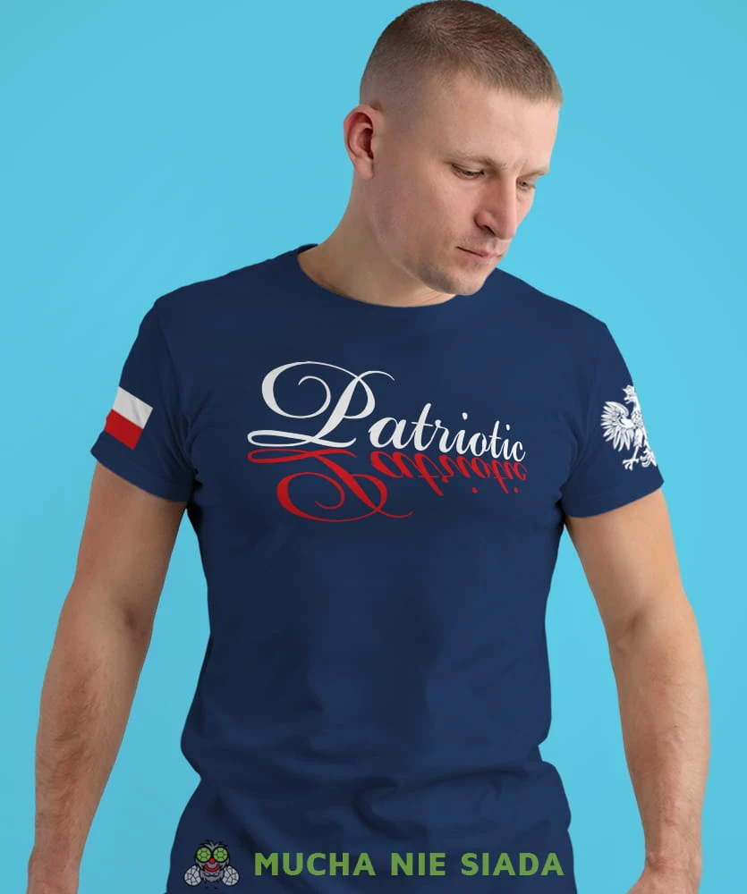 patriotic Orzeł Polski flaga biało czerwona, granatowa męska koszulka z nadrukiem, koszulka patriotyczna, koszulki z grafiką patriotyczną, dla mężczyzny, dla chłopaka na prezent, koszulka Polska, koszulki Polska.jpg