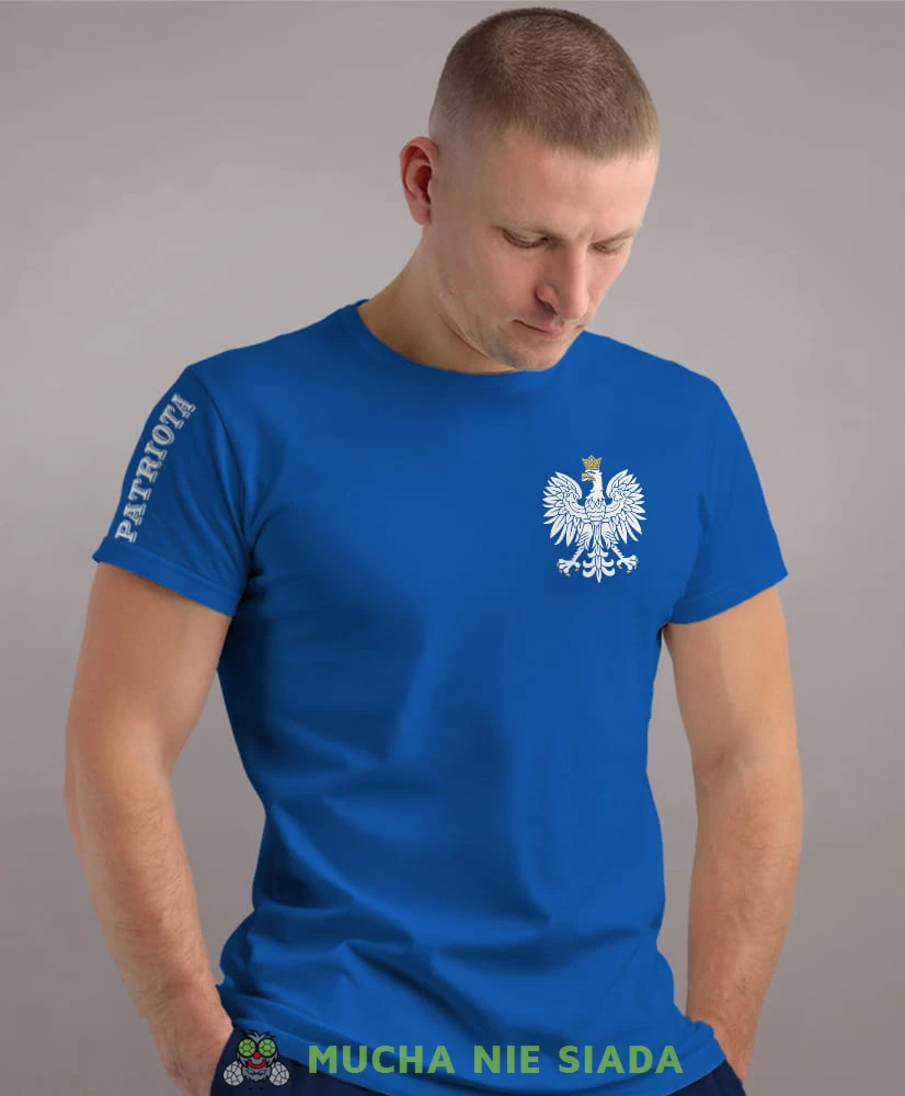 Patriota Orzeł Polski, niebieska męska koszulka z nadrukiem, koszulka patriotyczna, koszulki z grafiką patriotyczną, dla mężczyzny, dla chłopaka na prezent, koszulka Polska, koszulki Polska.jpg