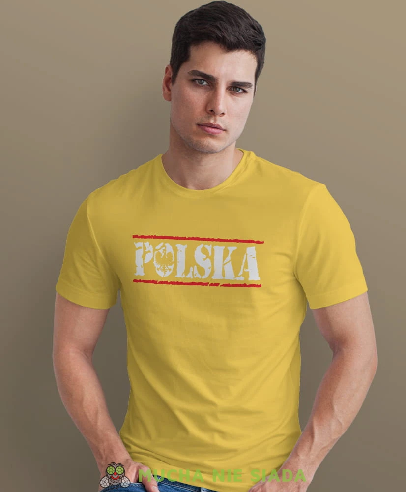 Polska , żółta męska koszulka z nadrukiem, koszulka patriotyczna, koszulki z grafiką patriotyczną, dla mężczyzny, dla chłopaka na prezent, koszulka Polska, koszulki Polska.jpg