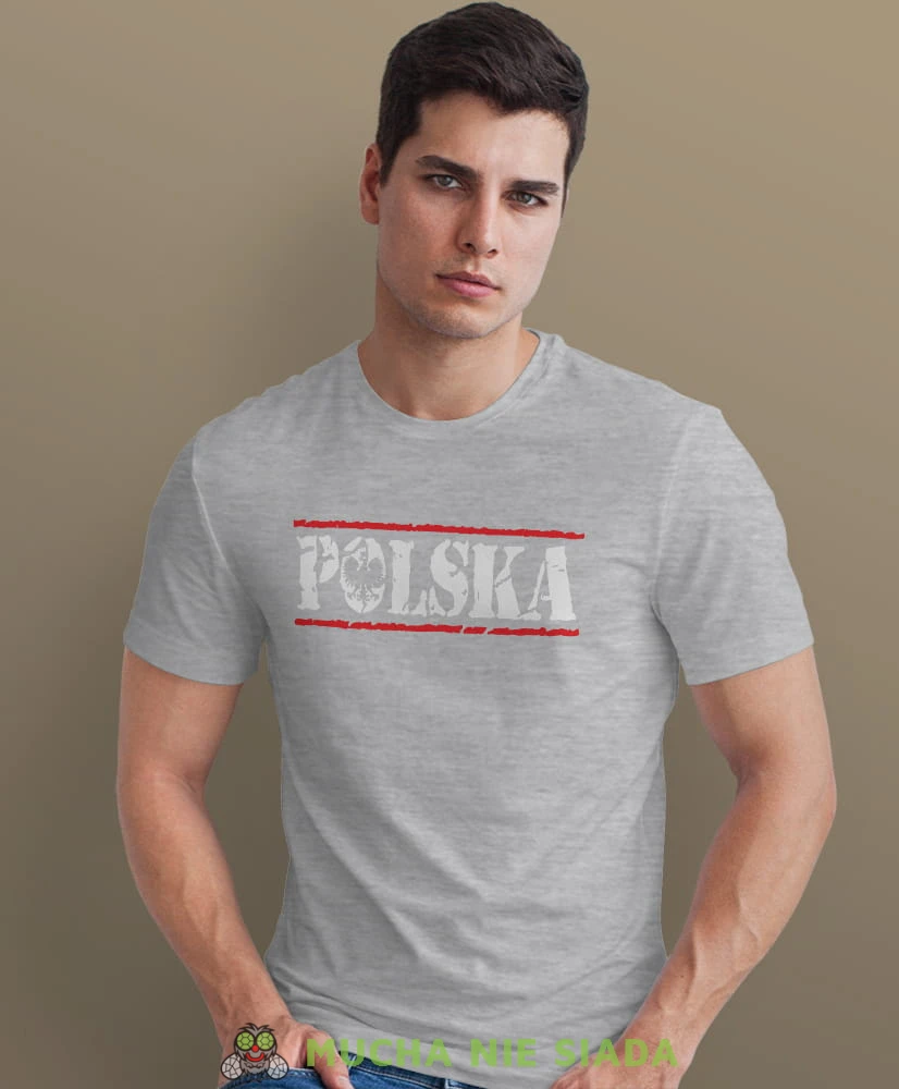 Polska , szara męska koszulka z nadrukiem, koszulka patriotyczna, koszulki z grafiką patriotyczną, dla mężczyzny, dla chłopaka na prezent, koszulka Polska, koszulki Polska.jpg
