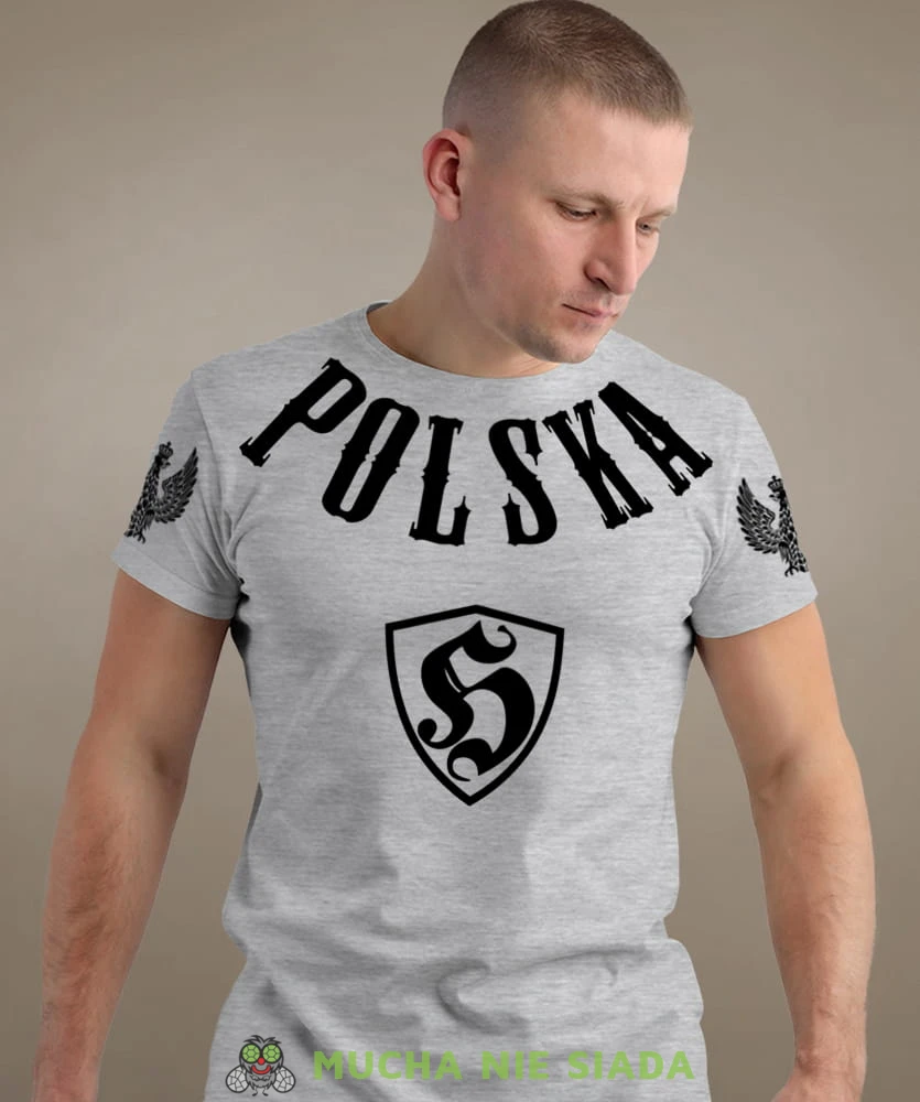 Polska h, szara męska koszulka z nadrukiem, koszulka patriotyczna, koszulki z grafiką patriotyczną, dla mężczyzny, dla chłopaka na prezent, koszulka Polska, koszulki Polska.jpg