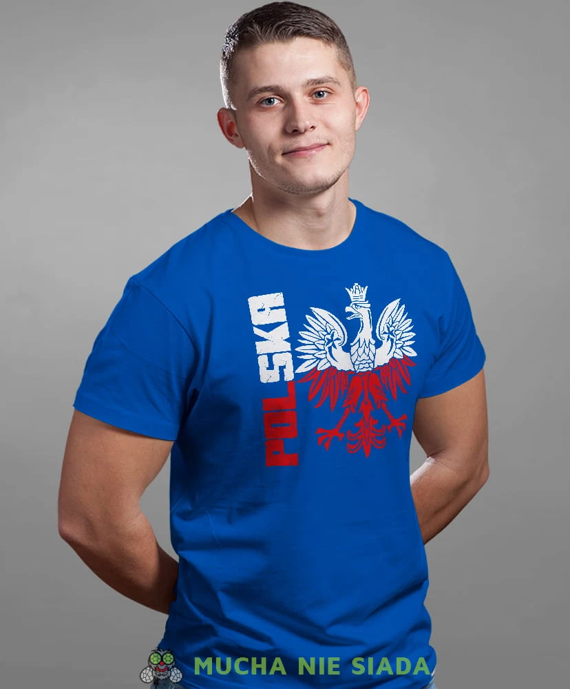 Polska Orzeł biało czerwony, niebieska męska koszulka z nadrukiem, koszulka patriotyczna, koszulki z grafiką patriotyczną, dla mężczyzny, dla chłopaka na prezent, koszulka Polska, koszulki Polska.jpg