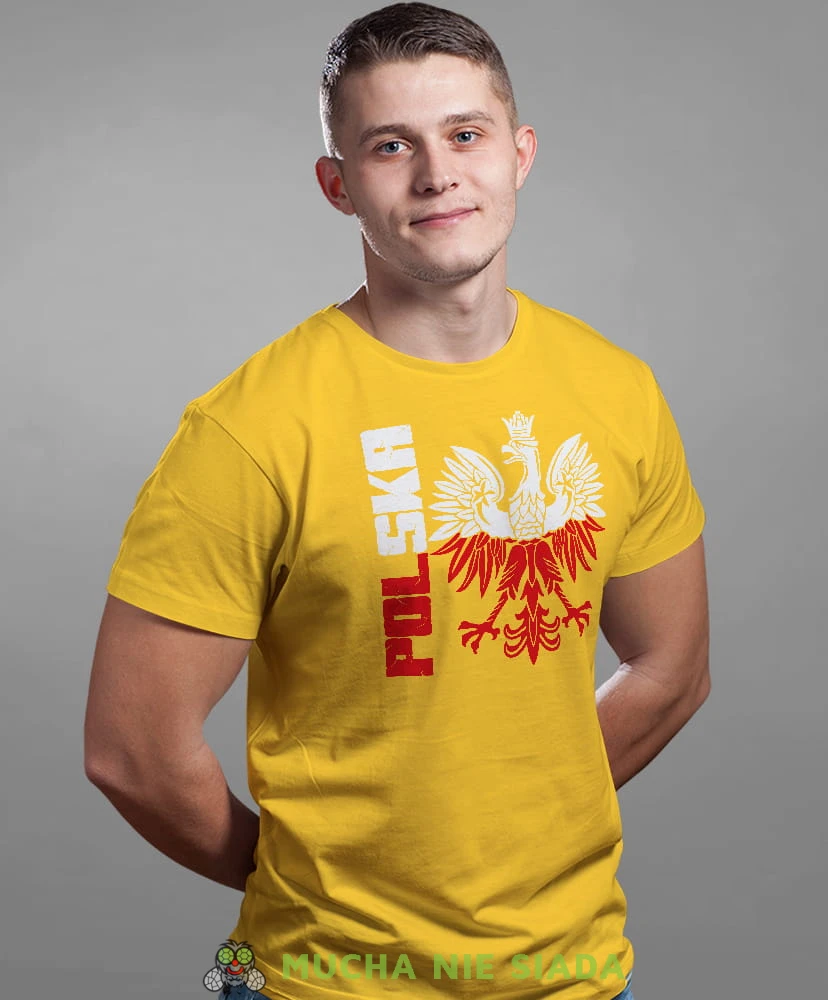 Polska Orzeł biało czerwony, żółta męska koszulka z nadrukiem, koszulka patriotyczna, koszulki z grafiką patriotyczną, dla mężczyzny, dla chłopaka na prezent, koszulka Polska, koszulki Polska.jpg
