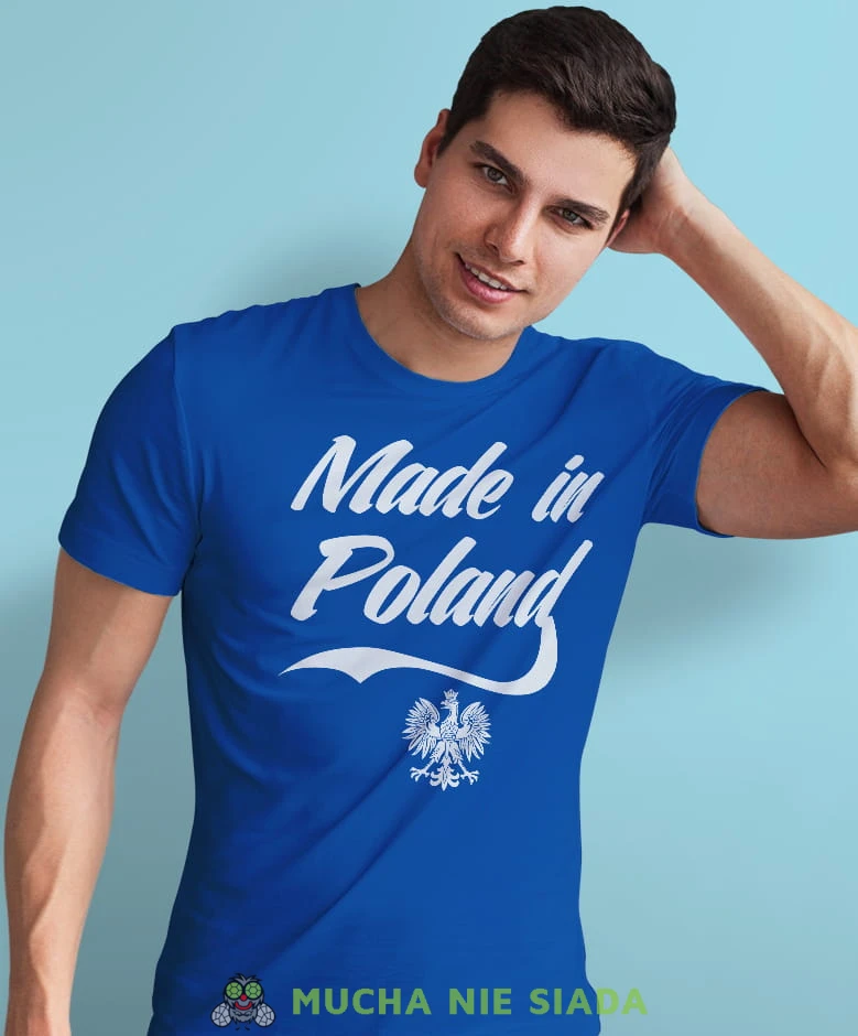 made in Poland, Orzeł Polski, niebieska męska koszulka z nadrukiem, koszulka patriotyczna, koszulki z grafiką patriotyczną, dla mężczyzny, dla chłopaka na prezent, koszulka Polska, koszulki Polska.jpg