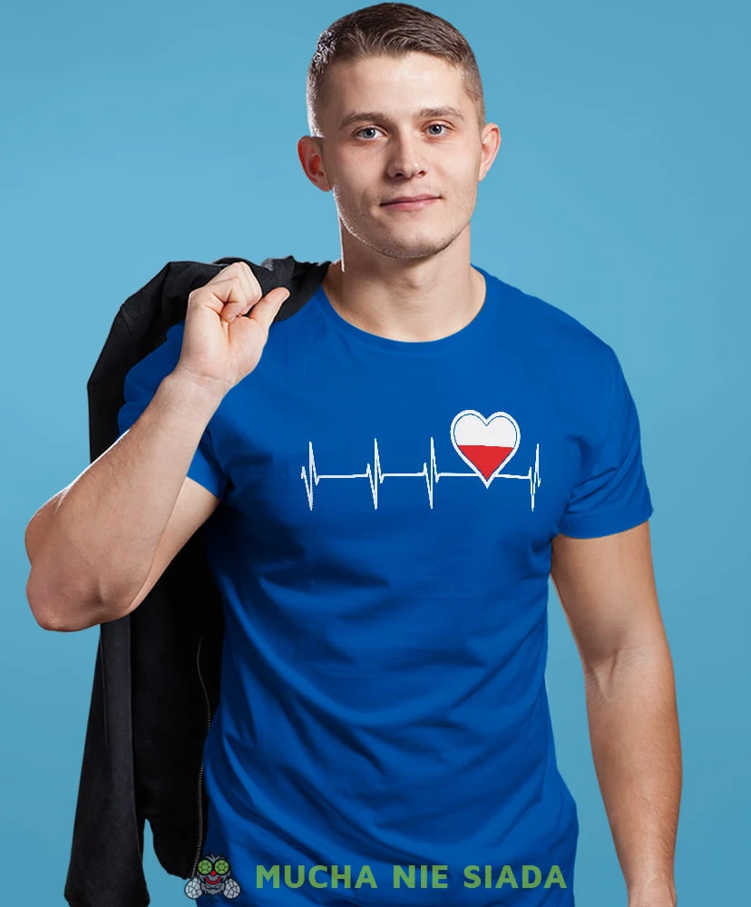 Heartbeats, Polska bicie serca, niebieska męska koszulka z nadrukiem, koszulka patriotyczna, koszulki z grafiką patriotyczną, dla mężczyzny, dla chłopaka na prezent, koszulka Polska, koszulki Polska.jpg