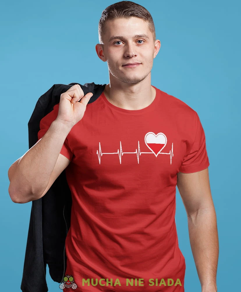 Heartbeats, Polska bicie serca, czerwona męska koszulka z nadrukiem, koszulka patriotyczna, koszulki z grafiką patriotyczną, dla mężczyzny, dla chłopaka na prezent, koszulka Polska, koszulki Polska.jpg