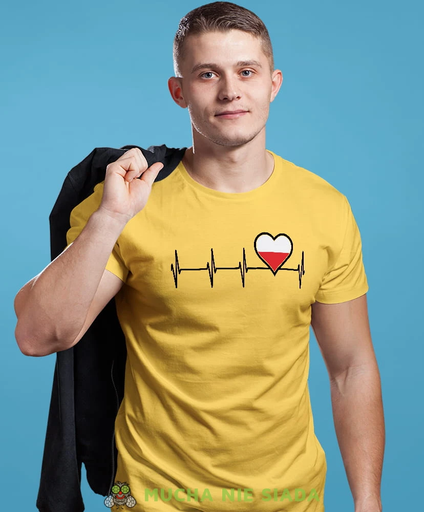 Heartbeats, Polska bicie serca żółta męska koszulka z nadrukiem, koszulka patriotyczna, koszulki z grafiką patriotyczną, dla mężczyzny, dla chłopaka na prezent, koszulka Polska, koszulki Polska.jpg