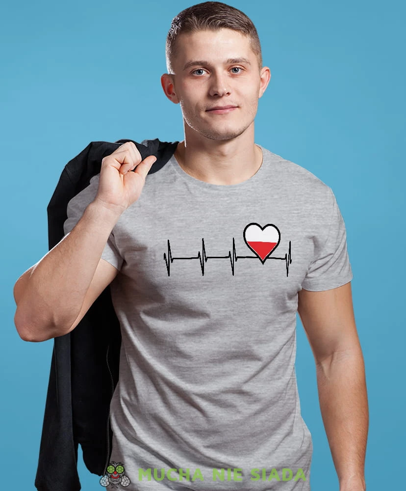 Heartbeats, Polska bicie serca szara męska koszulka z nadrukiem, koszulka patriotyczna, koszulki z grafiką patriotyczną, dla mężczyzny, dla chłopaka na prezent, koszulka Polska, koszulki Polska.jpg