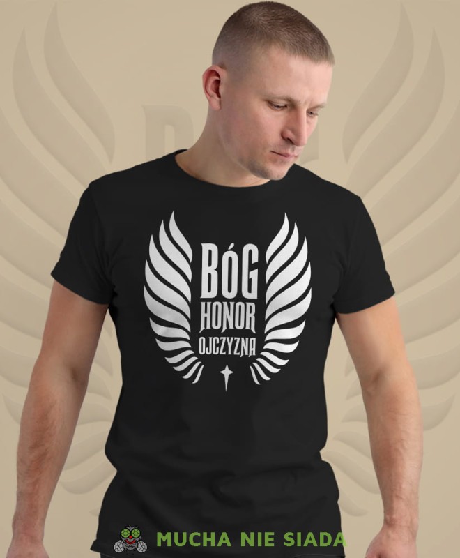 Bóg Honor Ojczyzna husaria, czarna męska koszulka z nadrukiem, koszulka patriotyczna, koszulki z grafiką patriotyczną, dla mężczyzny, dla chłopaka na prezent, koszulka Polska, koszulki Polska.jpg
