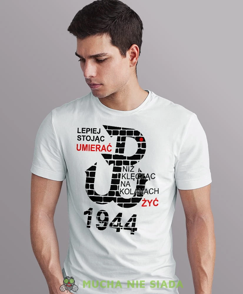 lepiej stojąc umierać niż na kolanach żyć polska walcząca 1944, biała męska koszulka z nadrukiem, koszulka patriotyczna, dla mężczyzny, dla chłopaka na prezent, koszulka Polska, koszulki Polska.jpg