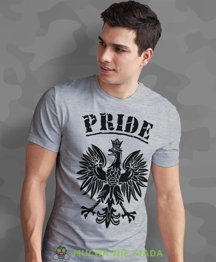 Pride Orzeł Polski , szara męska koszulka z nadrukiem, koszulka patriotyczna, koszulki z grafiką patriotyczną, dla mężczyzny, dla chłopaka na prezent, koszulka Polska, koszulki Polska.jpg