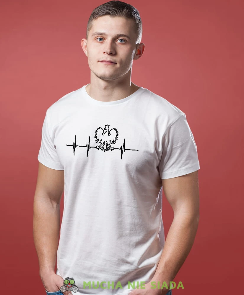 Heartbeats, Orzeł Polski, bicie serca, biała męska koszulka z nadrukiem, koszulka patriotyczna, koszulki z grafiką patriotyczną, dla mężczyzny, dla chłopaka na prezent, koszulka Polska, koszulki Polska.jpg