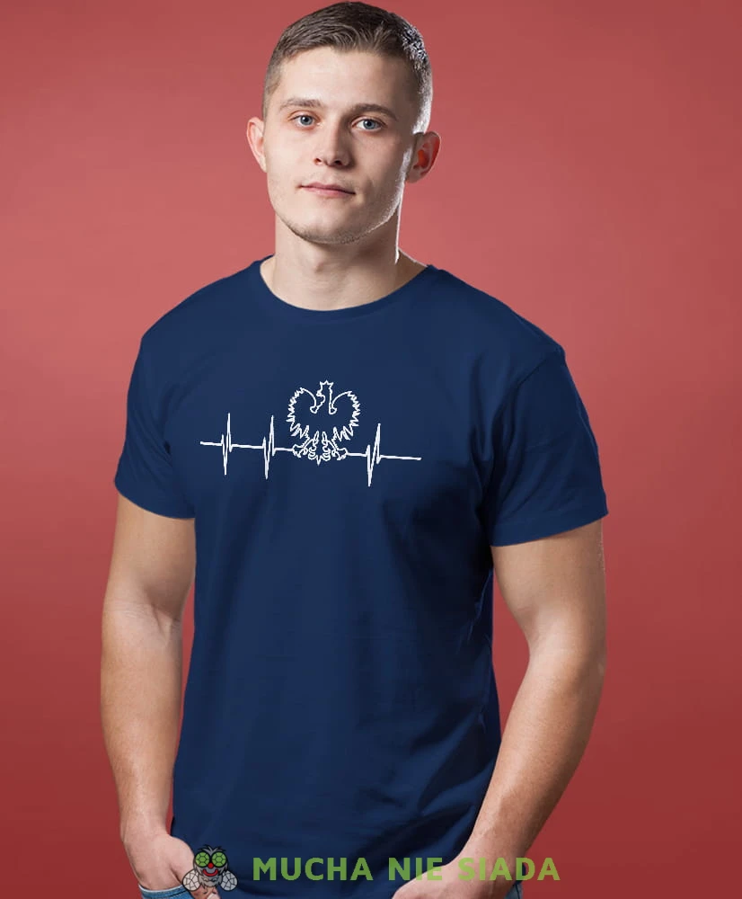 Heartbeats, Orzeł Polski, bicie serca, granatowa męska koszulka z nadrukiem, koszulka patriotyczna, koszulki z grafiką patriotyczną, dla mężczyzny, dla chłopaka na prezent, koszulka Polska, koszulki Polska.jpg