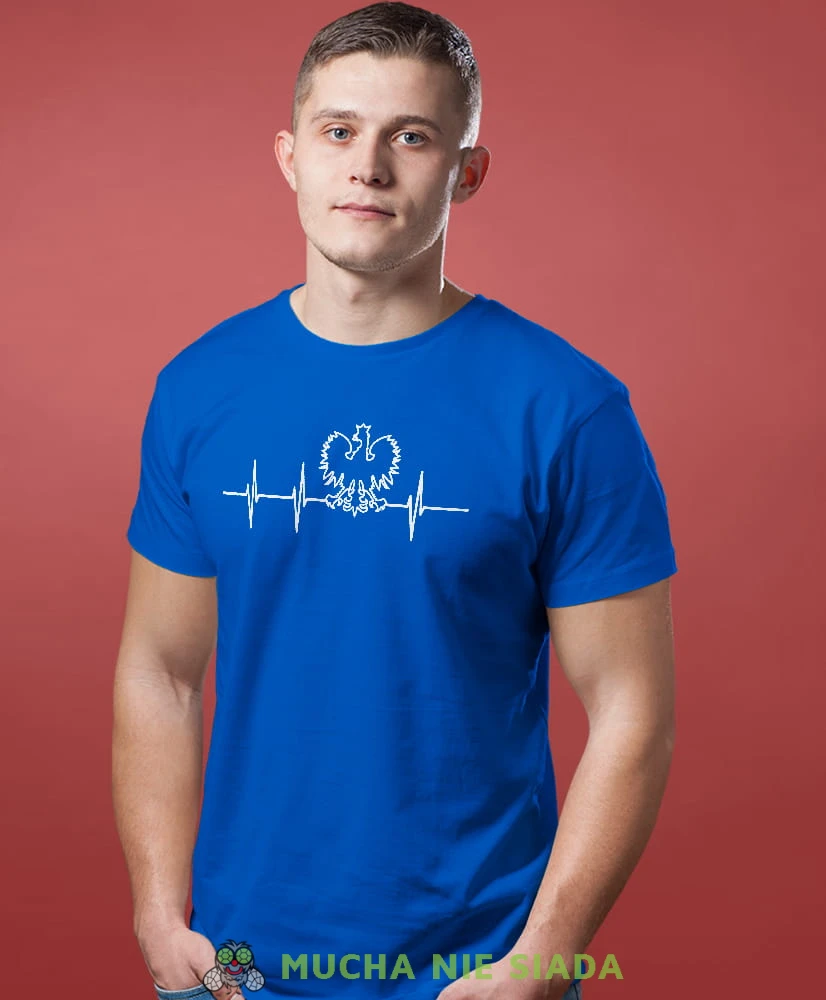 Heartbeats, Orzeł Polski, bicie serca, niebieska męska koszulka z nadrukiem, koszulka patriotyczna, koszulki z grafiką patriotyczną, dla mężczyzny, dla chłopaka na prezent, koszulka Polska, koszulki Polska.jpg