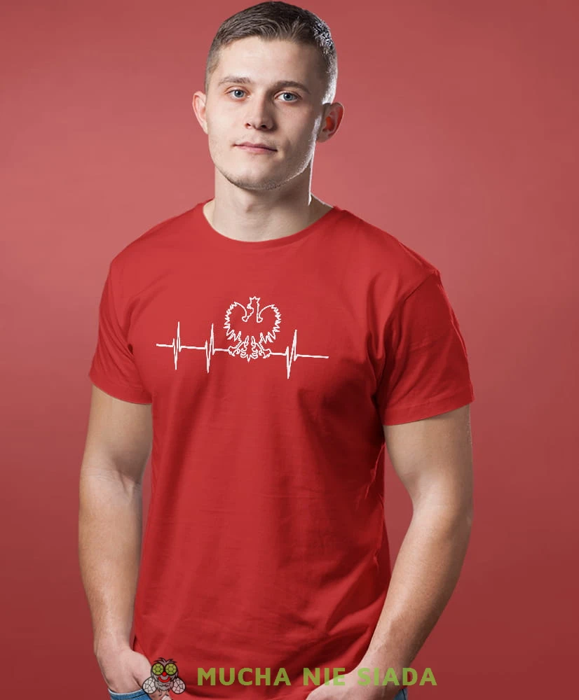 Heartbeats, Orzeł Polski, bicie serca, czerwona męska koszulka z nadrukiem, koszulka patriotyczna, koszulki z grafiką patriotyczną, dla mężczyzny, dla chłopaka na prezent, koszulka Polska, koszulki Polska.jpg