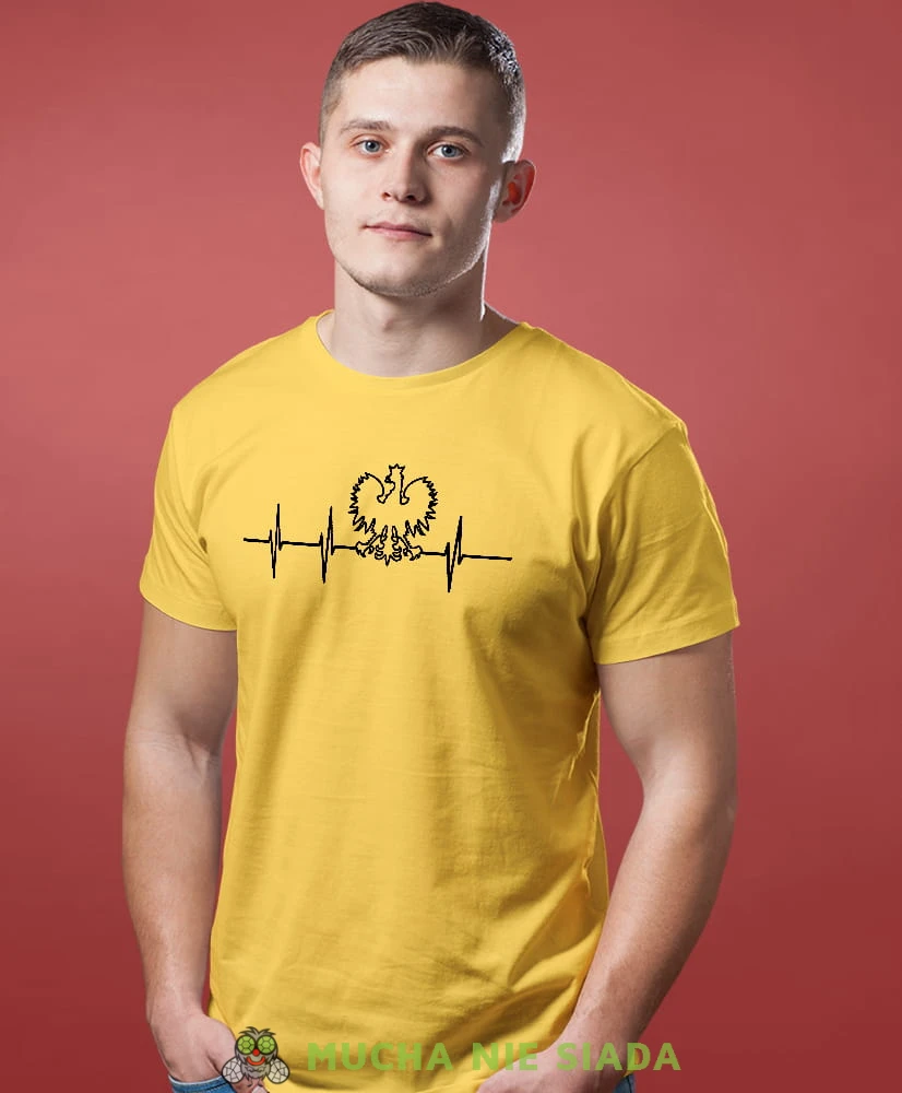 Heartbeats, Orzeł Polski, bicie serca, żółta męska koszulka z nadrukiem, koszulka patriotyczna, koszulki z grafiką patriotyczną, dla mężczyzny, dla chłopaka na prezent, koszulka Polska, koszulki Polska.jpg