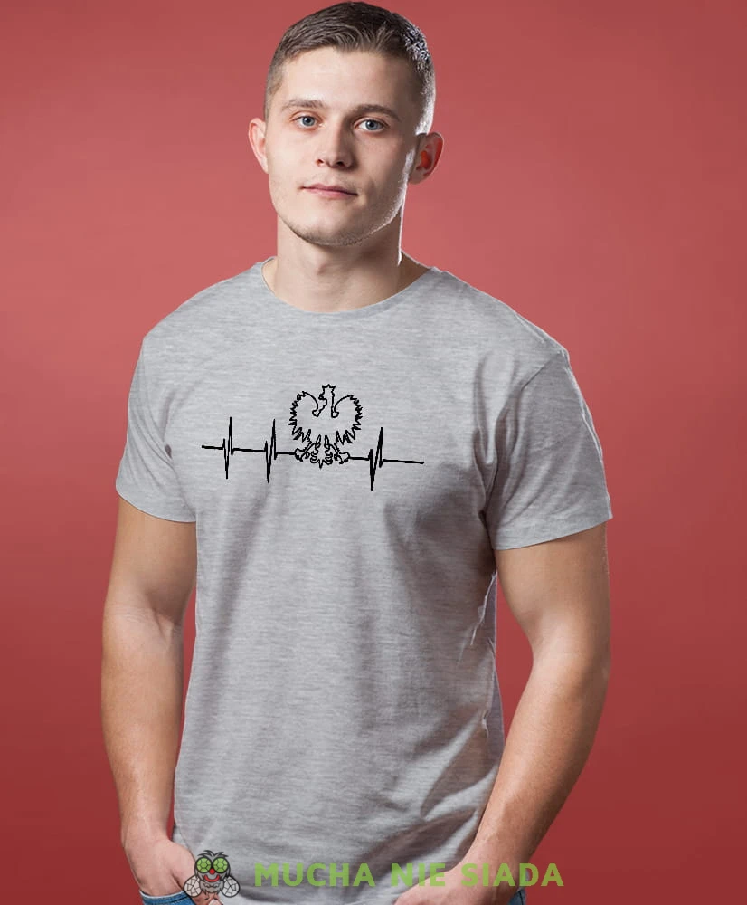 Heartbeats, Orzeł Polski, bicie serca, szara męska koszulka z nadrukiem, koszulka patriotyczna, koszulki z grafiką patriotyczną, dla mężczyzny, dla chłopaka na prezent, koszulka Polska, koszulki Polska.jpg