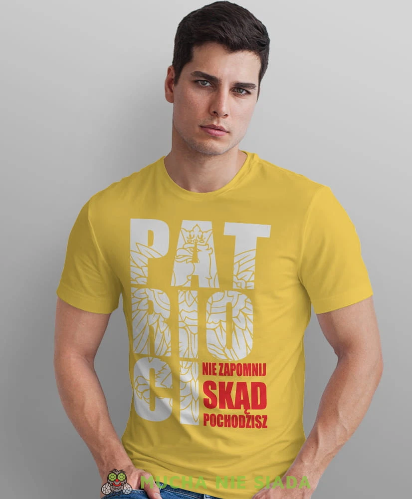 patrioci nie zapomnij skąd pochodzisz, żółta męska koszulka z nadrukiem, koszulka patriotyczna, koszulki z grafiką patriotyczną, dla mężczyzny, dla chłopaka na prezent.jpg