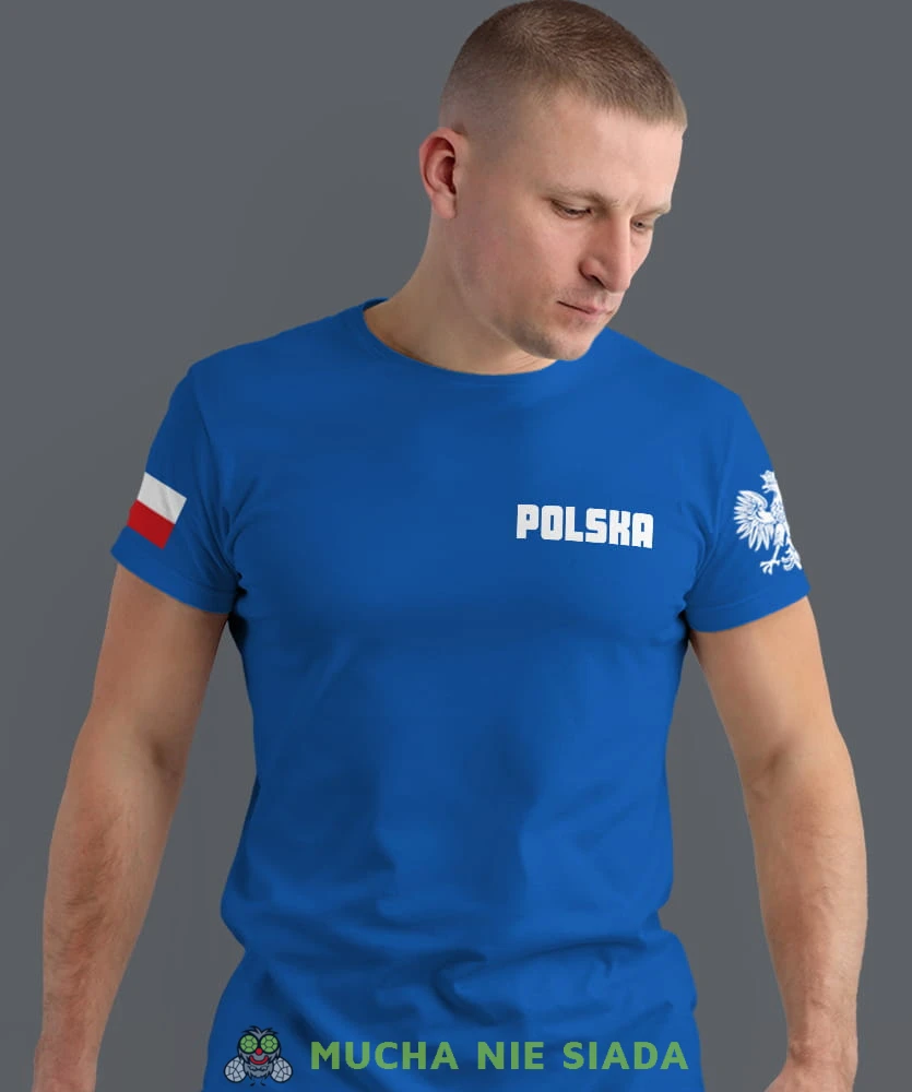 Polska Orzeł flaga, niebieska męska koszulka z nadrukiem, koszulka patriotyczna, koszulki z grafiką patriotyczną, dla mężczyzny, dla chłopaka na prezent, koszulka Polska, koszulki Polska.jpg