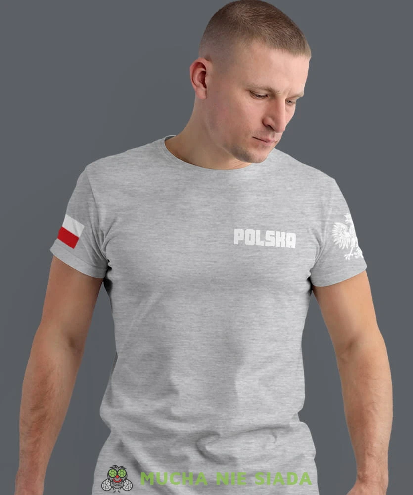 Polska Orzeł flaga, szara męska koszulka z nadrukiem, koszulka patriotyczna, koszulki z grafiką patriotyczną, dla mężczyzny, dla chłopaka na prezent, koszulka Polska, koszulki Polska.jpg