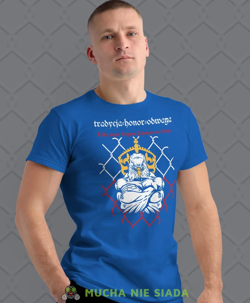 tradycja honor odwaga, tylko przed Bogiem padniemy na kolana, niebieska męska koszulka z nadrukiem, koszulka patriotyczna, dla mężczyzny, dla chłopaka na prezent, koszulka Polska, koszulki Polska.jpg