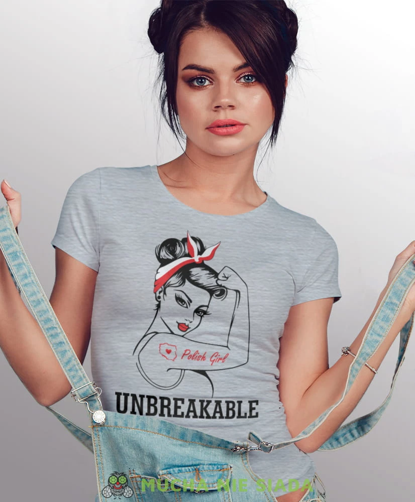 unbreakable polish girl szara damska koszulka patriotyczna, patriotka, koszulka dla niej, dla dziewczyny, koszulka na prezent.jpg
