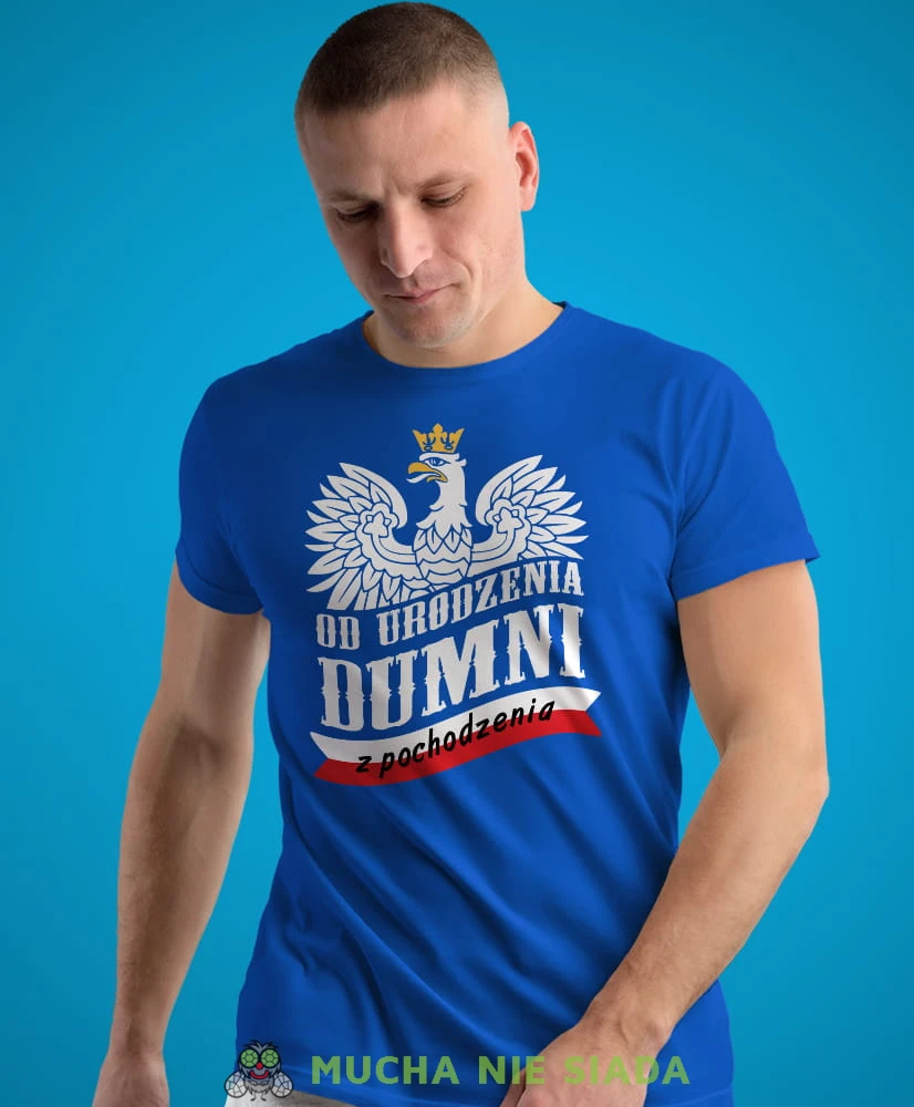od urodzenia dumni z pochodzenia, niebieska męska koszulka z nadrukiem, koszulka patriotyczna, koszulki z grafiką patriotyczną, dla mężczyzny, dla chłopaka na prezent, koszulka Polska, koszulki Polska.jpg