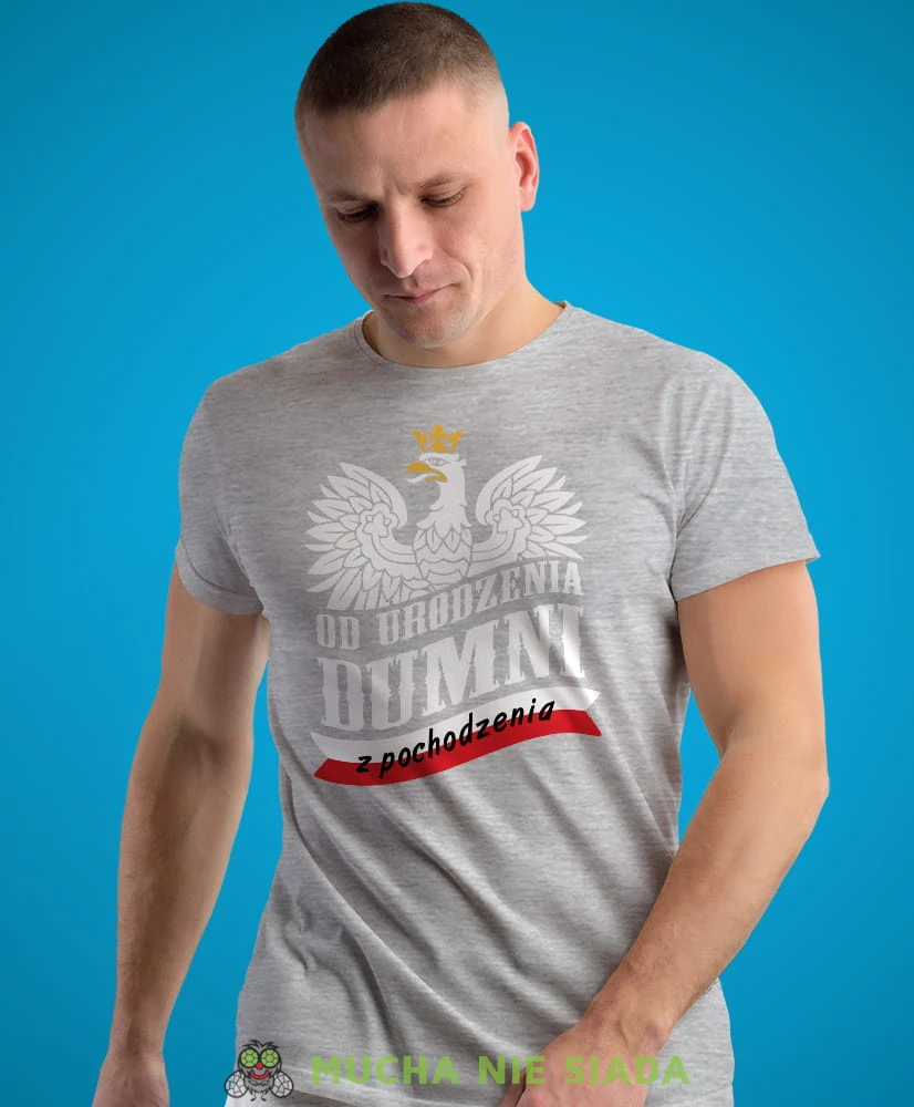 od urodzenia dumni z pochodzenia, szara męska koszulka z nadrukiem, koszulka patriotyczna, koszulki z grafiką patriotyczną, dla mężczyzny, dla chłopaka na prezent, koszulka Polska, koszulki Polska.jpg