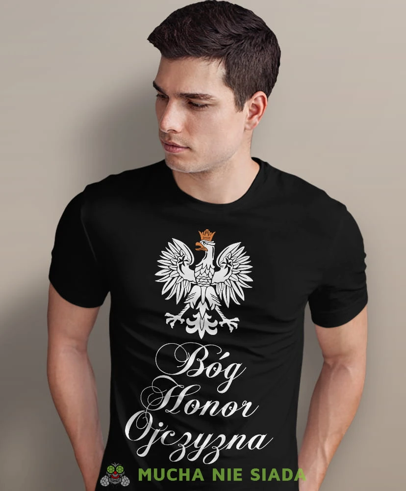 Bóg Honor Ojczyzna Orzeł Polski, czarna męska koszulka z nadrukiem, koszulka patriotyczna, koszulki z grafiką patriotyczną, dla mężczyzny, dla chłopaka na prezent, koszulka Polska, koszulki Polska.jpg