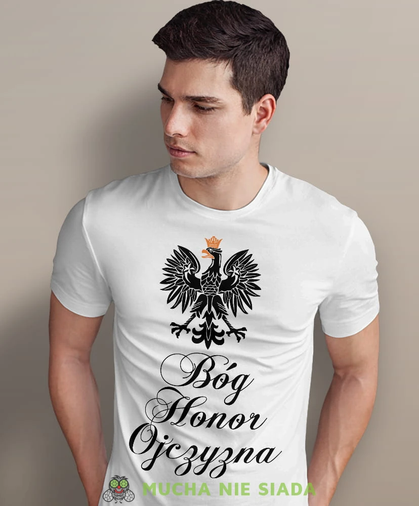 Bóg Honor Ojczyzna Orzeł Polski, biała męska koszulka z nadrukiem, koszulka patriotyczna, koszulki z grafiką patriotyczną, dla mężczyzny, dla chłopaka na prezent, koszulka Polska, koszulki Polska.jpg