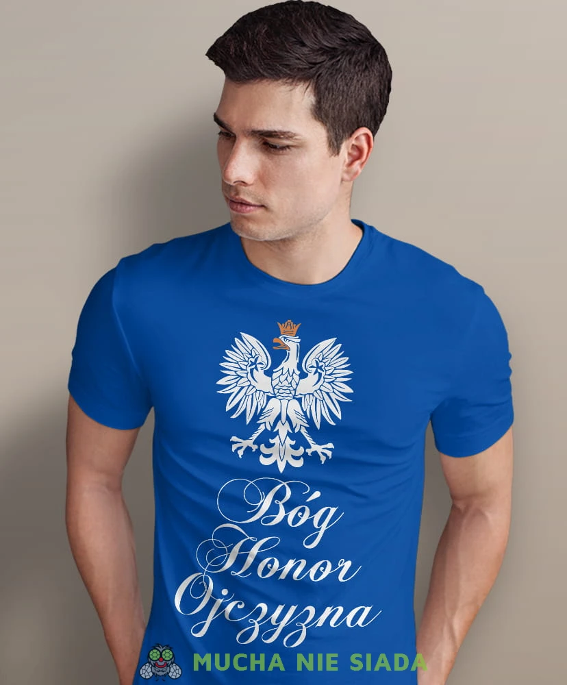 Bóg Honor Ojczyzna Orzeł Polski, niebieska męska koszulka z nadrukiem, koszulka patriotyczna, koszulki z grafiką patriotyczną, dla mężczyzny, dla chłopaka na prezent, koszulka Polska, koszulki Polska.jpg