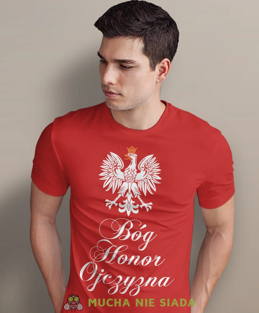 Bóg Honor Ojczyzna Orzeł Polski, czerwona męska koszulka z nadrukiem, koszulka patriotyczna, koszulki z grafiką patriotyczną, dla mężczyzny, dla chłopaka na prezent, koszulka Polska, koszulki Polska.jpg