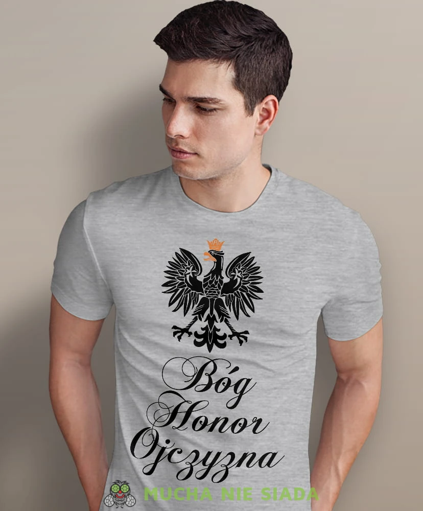 Bóg Honor Ojczyzna Orzeł Polski, szara męska koszulka z nadrukiem, koszulka patriotyczna, koszulki z grafiką patriotyczną, dla mężczyzny, dla chłopaka na prezent, koszulka Polska, koszulki Polska.jpg