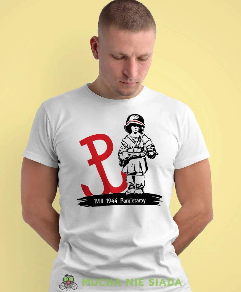 Mały Powstaniec Polska walcząca, Pamiętamy 1944, biała męska koszulka z nadrukiem, koszulka patriotyczna, koszulki z grafiką patriotyczną, dla mężczyzny, dla chłopaka na prezent, koszulka Polska, koszulki Polska.jpg