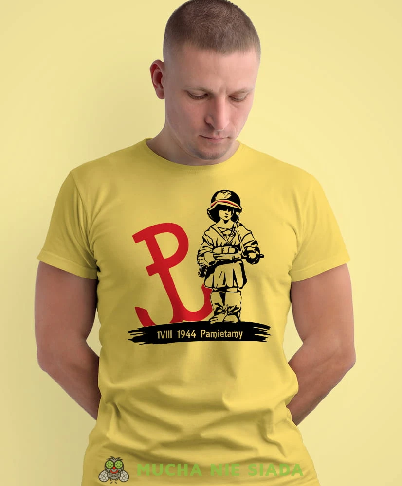 Mały Powstaniec Polska walcząca, Pamiętamy 1944, żółta męska koszulka z nadrukiem, koszulka patriotyczna, koszulki z grafiką patriotyczną, dla mężczyzny, dla chłopaka na prezent, koszulka Polska, koszulki Polska.jpg