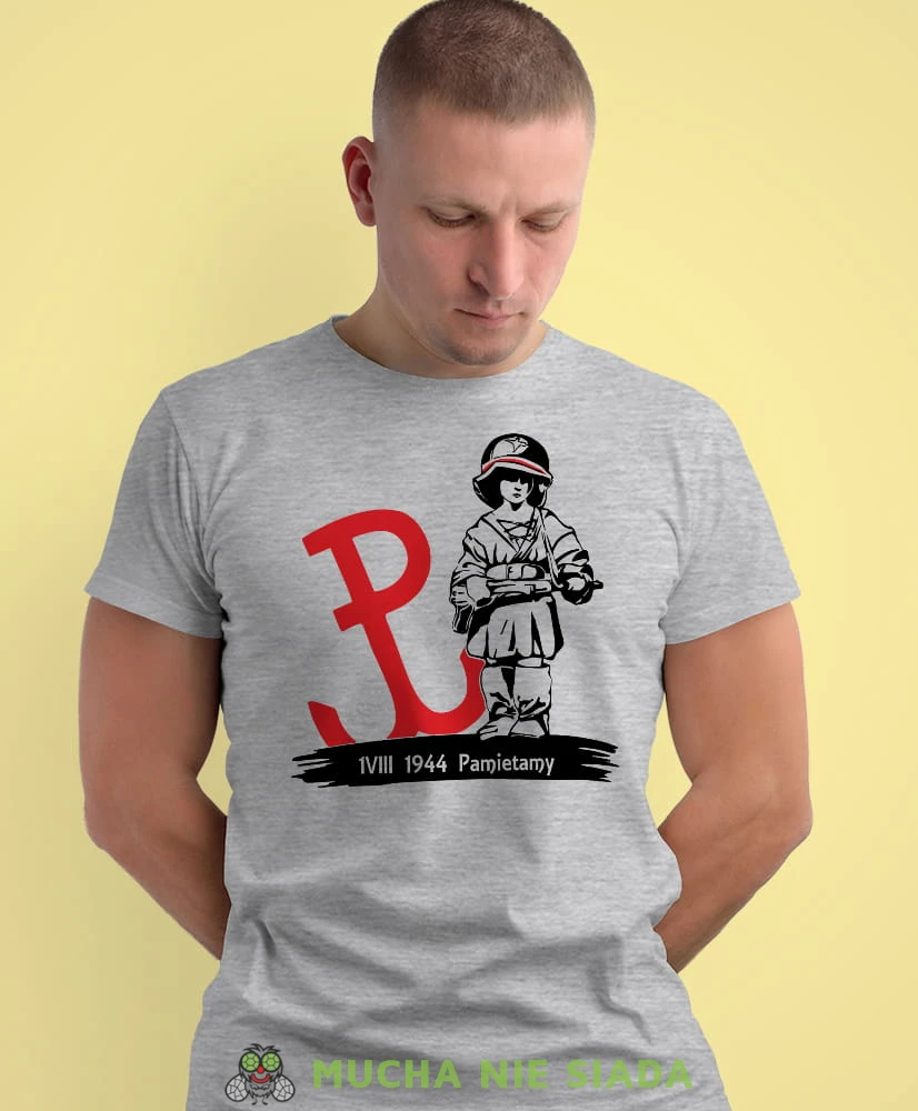 Mały Powstaniec Polska walcząca, Pamiętamy 1944, szara męska koszulka z nadrukiem, koszulka patriotyczna, koszulki z grafiką patriotyczną, dla mężczyzny, dla chłopaka na prezent, koszulka Polska, koszulki Polska.jpg